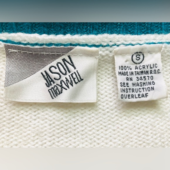 Vintage Jason Maxwell 80s/90s Oversized Cream & Turquoise Cardigan Sweater - Picture 2 of 4